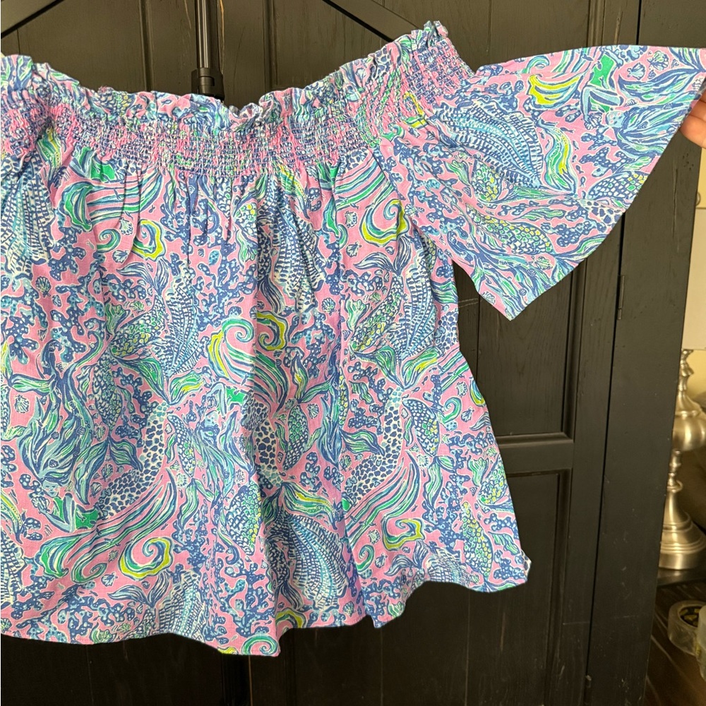 Lilly Pulitzer Pink Blue Green Off-the-Shoulder Ruffle Leanne Blouse - Picture 2 of 4